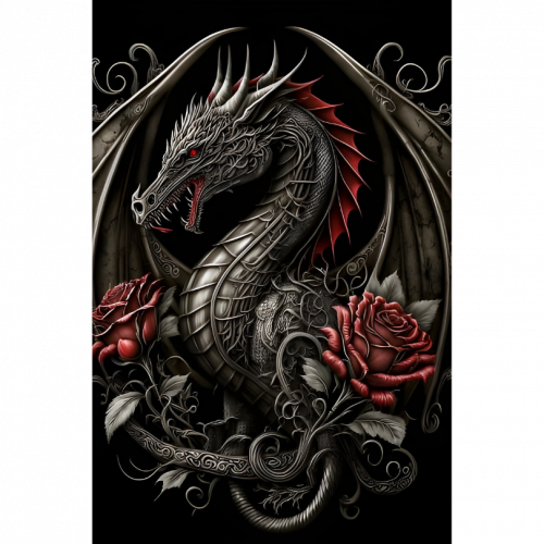 Dragon Noir et Roses Écarlates 30 x 20